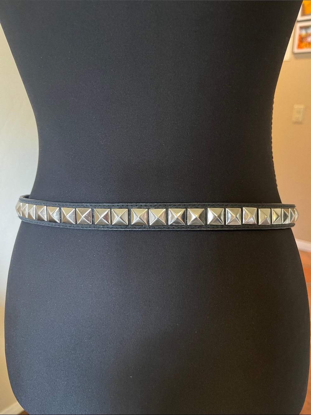 Guess Studded Black Leather Waist Belt with Silver Pyramid Studs 36 inches